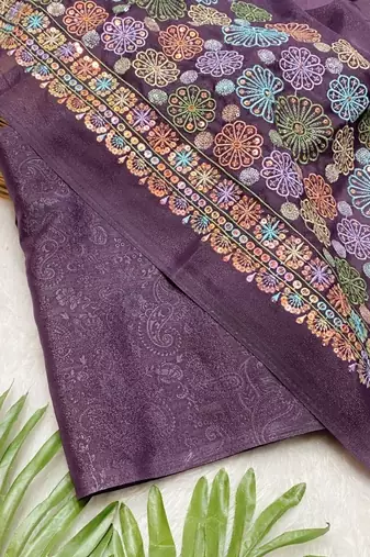 Purple Color Original flower design work work with floral design Silk blend Saree