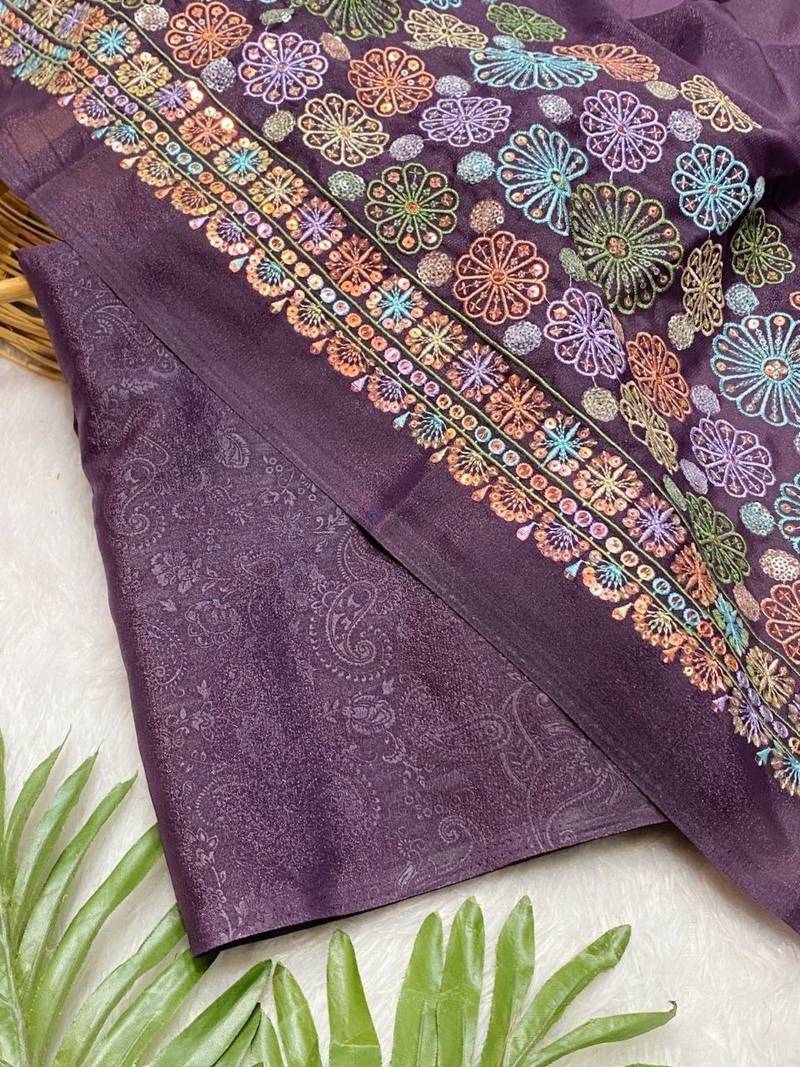 Purple Color Original flower design work work with floral design Silk blend Saree