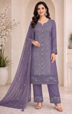 Elegant lavender purple  fancy sequins embroidery dress material set 1