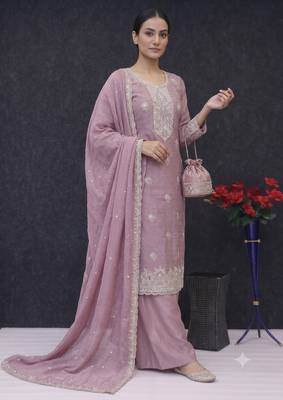Pink embroidered unstitched silk blend suit material with heavy neck & border mirror work dupatta set 2