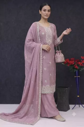 Pink embroidered unstitched silk blend suit material with heavy neck & border mirror work dupatta set