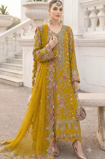 Mustard yellow heavy zari work kurti suit set