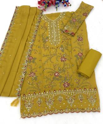 Mustard yellow heavy zari work kurti suit set 4