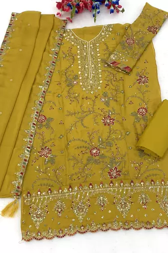 Mustard yellow heavy zari work kurti suit set