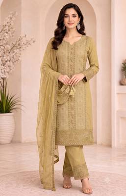 Elegant yellow fancy sequins embroidery dress material set 2