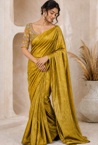 Yellow Color Original flower design work work with floral design Silk blend Saree