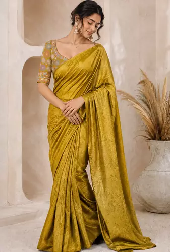Yellow Color Original flower design work work with floral design Silk blend Saree