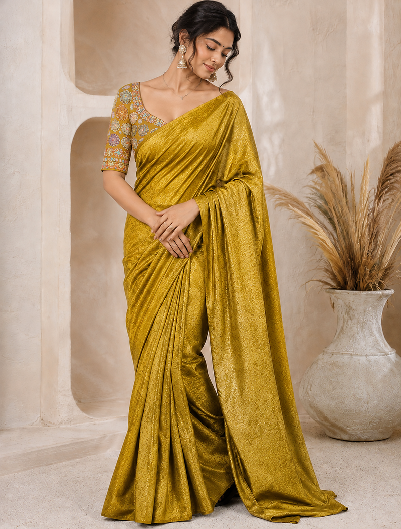 Yellow Color Original flower design work work with floral design Silk blend Saree