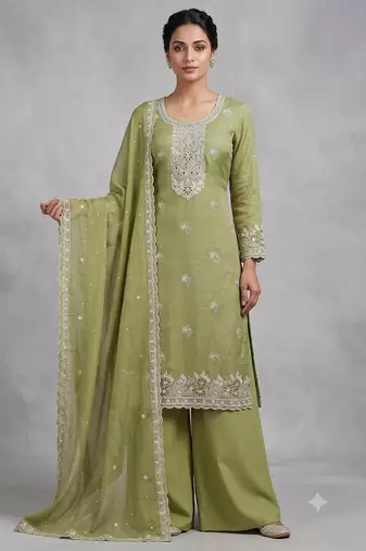 Green embroidered unstitched silk blend  suit material with heavy neck & border mirror work dupatta set