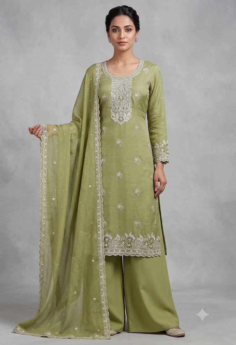Green embroidered unstitched silk blend  suit material with heavy neck & border mirror work dupatta set