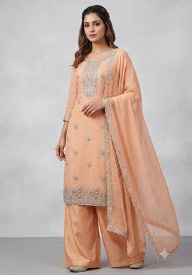 Orange embroidered unstitched silk blend  suit material with heavy neck & border mirror work dupatta set 2