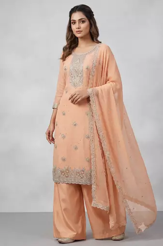 Orange embroidered unstitched silk blend  suit material with heavy neck & border mirror work dupatta set