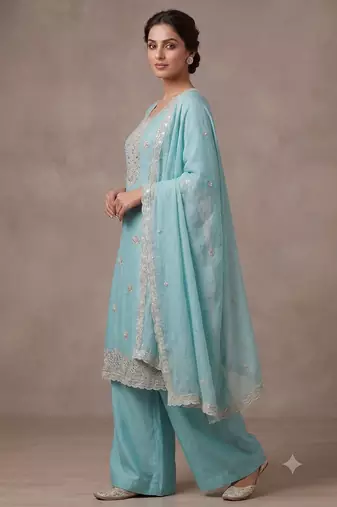 Sky blue embroidered unstitched silk blend  suit material with heavy neck & border mirror work dupatta set