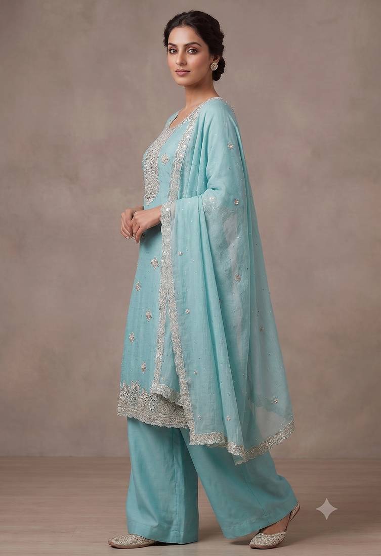Sky blue embroidered unstitched silk blend  suit material with heavy neck & border mirror work dupatta set