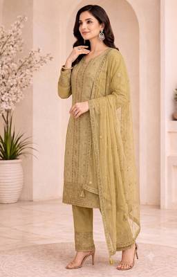 Elegant yellow fancy sequins embroidery dress material set 3