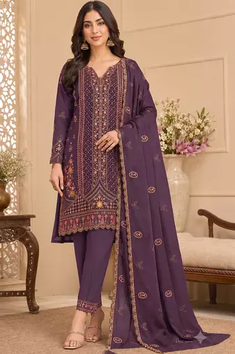 Wine heavy embroidery kurti set with scallop border dupatta | festive designer suit
