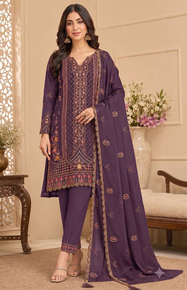 Wine heavy embroidery kurti set with scallop border dupatta | festive designer suit