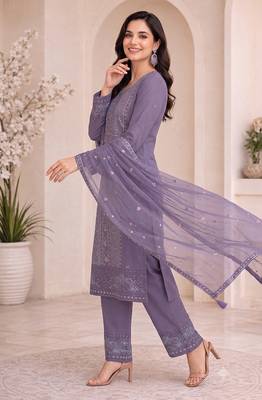 Elegant lavender purple  fancy sequins embroidery dress material set 2