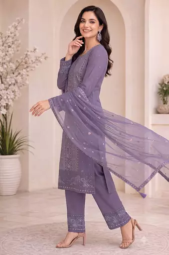 Elegant lavender purple  fancy sequins embroidery dress material set