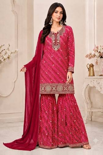Red leheriya print embroidered georgette kurta set with dupatta