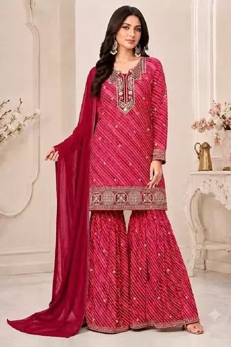 Red leheriya print embroidered georgette kurta set with dupatta