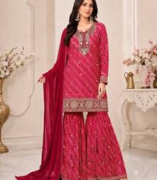 Red leheriya print embroidered georgette kurta set with dupatta