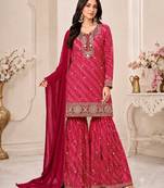 Red leheriya print embroidered georgette kurta set with dupatta