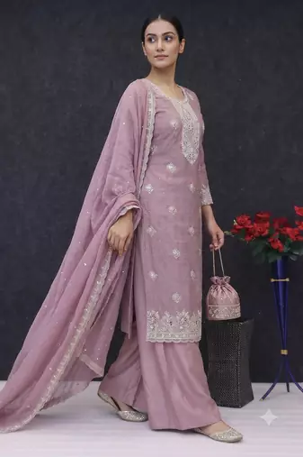Pink embroidered unstitched silk blend suit material with heavy neck & border mirror work dupatta set