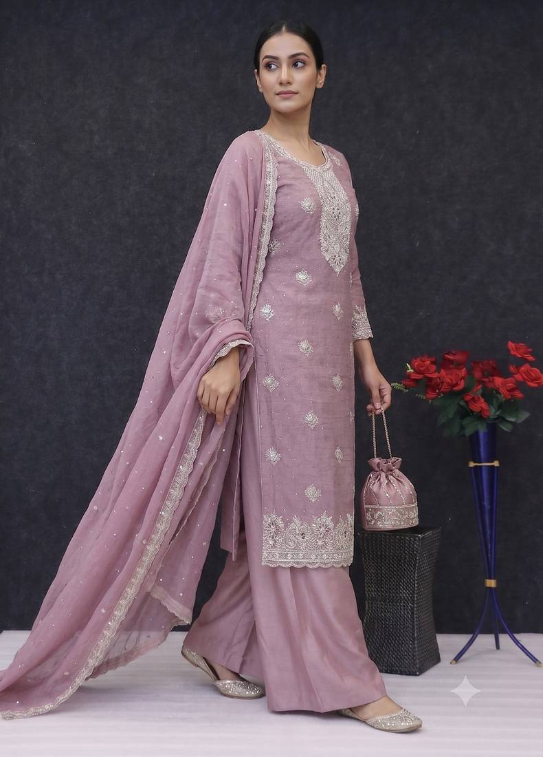 Pink embroidered unstitched silk blend suit material with heavy neck & border mirror work dupatta set