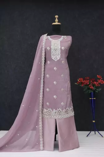 Pink embroidered unstitched silk blend suit material with heavy neck & border mirror work dupatta set