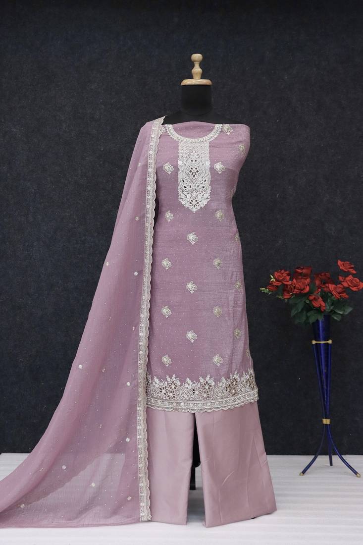 Pink embroidered unstitched silk blend suit material with heavy neck & border mirror work dupatta set