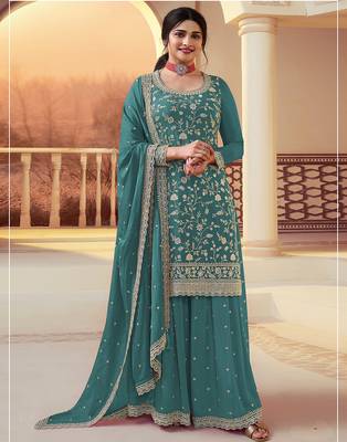 Teal heavy sequins & embroidery dress material with scalloped border dupatta 1