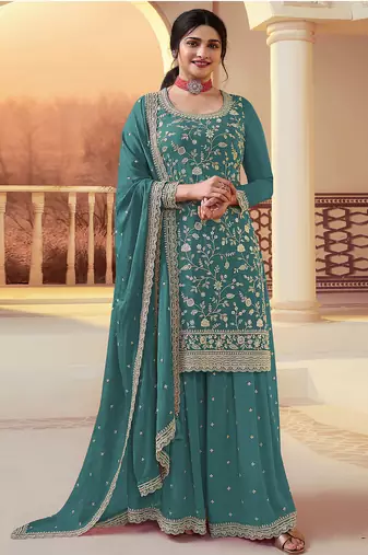 Teal heavy sequins & embroidery dress material with scalloped border dupatta