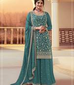 Teal heavy sequins & embroidery dress material with scalloped border dupatta