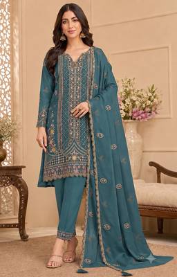Teal blue heavy embroidery kurti set with scallop border dupatta | festive designer suit 1