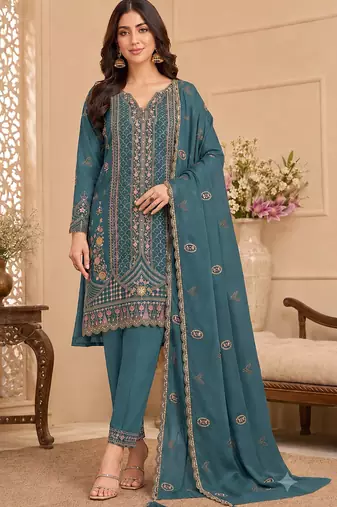Teal blue heavy embroidery kurti set with scallop border dupatta | festive designer suit
