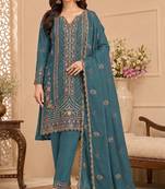 Teal blue heavy embroidery kurti set with scallop border dupatta | festive designer suit