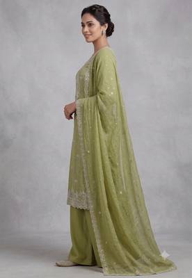 Green embroidered unstitched silk blend  suit material with heavy neck & border mirror work dupatta set 3