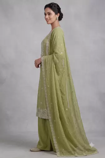 Green embroidered unstitched silk blend  suit material with heavy neck & border mirror work dupatta set