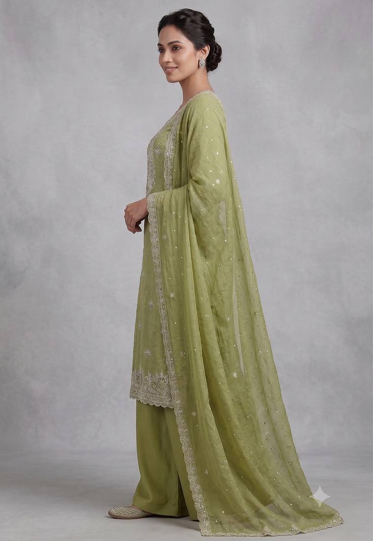 Green embroidered unstitched silk blend  suit material with heavy neck & border mirror work dupatta set