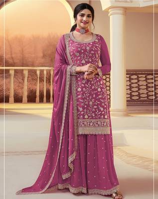 Pink heavy sequins & embroidery dress material with scalloped border dupatta 1