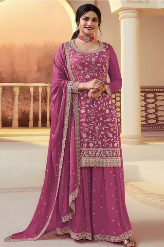 Pink heavy sequins & embroidery dress material with scalloped border dupatta