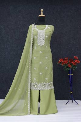 Green embroidered unstitched silk blend  suit material with heavy neck & border mirror work dupatta set 4