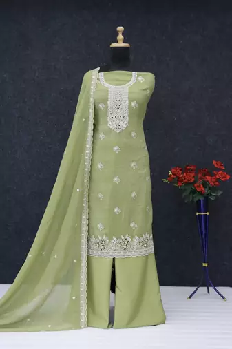 Green embroidered unstitched silk blend  suit material with heavy neck & border mirror work dupatta set