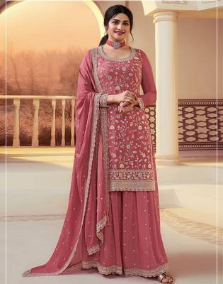 Peach heavy sequins & embroidery dress material with scalloped border dupatta 1