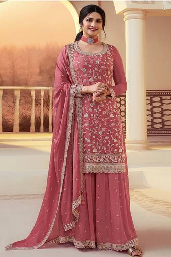 Peach heavy sequins & embroidery dress material with scalloped border dupatta