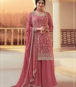 Peach heavy sequins & embroidery dress material with scalloped border dupatta
