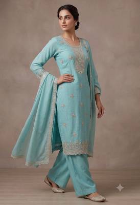 Sky blue embroidered unstitched silk blend  suit material with heavy neck & border mirror work dupatta set 3