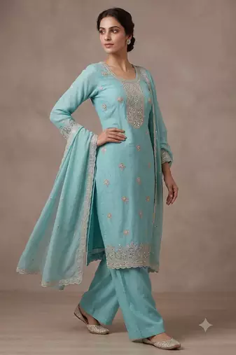 Sky blue embroidered unstitched silk blend  suit material with heavy neck & border mirror work dupatta set