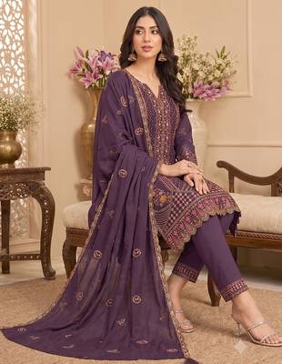 Wine heavy embroidery kurti set with scallop border dupatta | festive designer suit 2